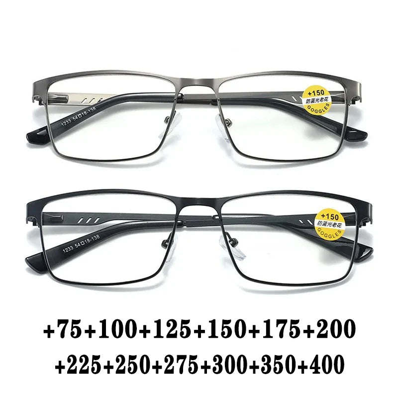 Fashion Reading Glasses For Men High Quality Blue Light BLocking Prescription Eyeglasses Frame With Spring Hinge +75+125+175+225