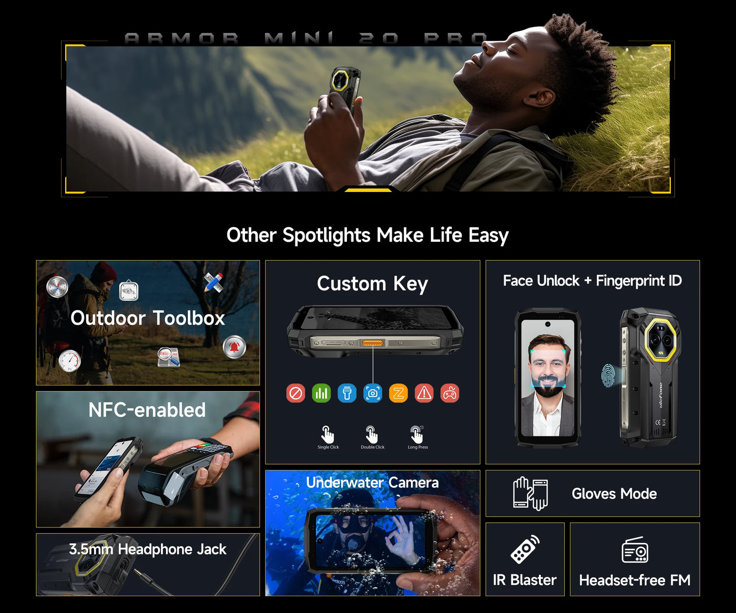 Ulefone 4.7" Rugged Phone Armor Mini 20 Pro 5G Android 14 16+256GB Smartphone LED Light 64MP Night Camera Mobile phone