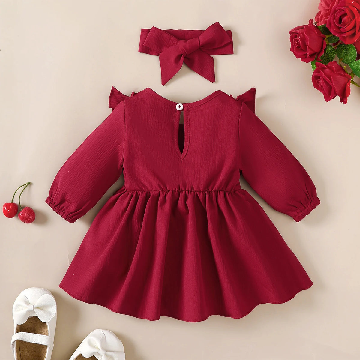 Baby girl Autumn Dress Ruffled Edges and Bow, Long sleeved Dress+Headband for 0-18 Months Cute Baby girl Holiday Party Costume