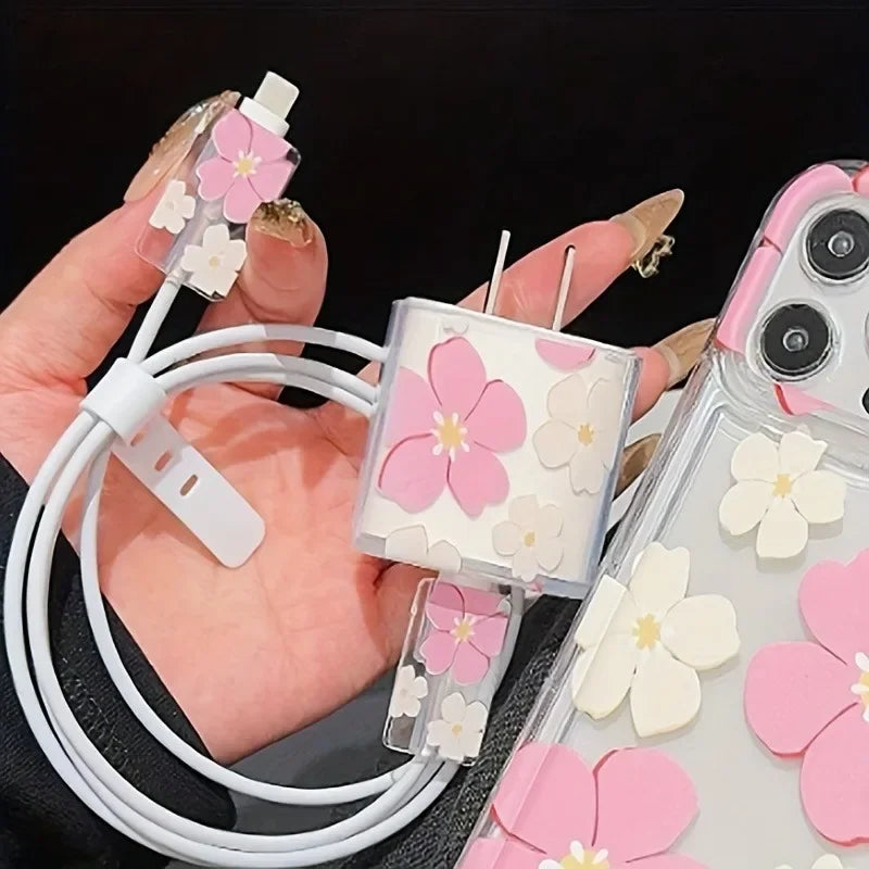 Fashion Flowers Print Charging Data Cable Protector Case For iPhone 18W 20W Charger Protective Cover Winder Accessories Sleeve