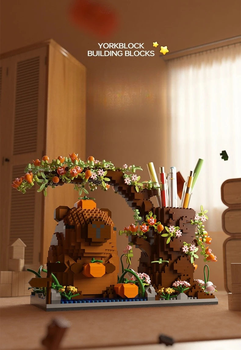 Capybara Building Block Pen Holder Multi-Function Desk Organizer for Office Supplies Cosmetics Birthday Gift Desktop Decoration