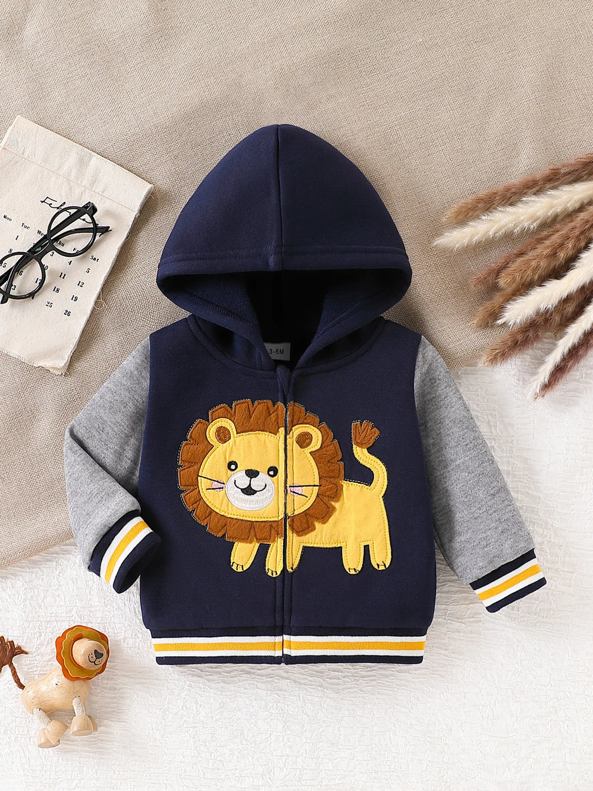 Cute Cartoon 3D Lion Embroidered Color-Blocked Hooded Zip-Up Fleece Jacket Winter Warm Baseball-Style Sweatshirt Jacket