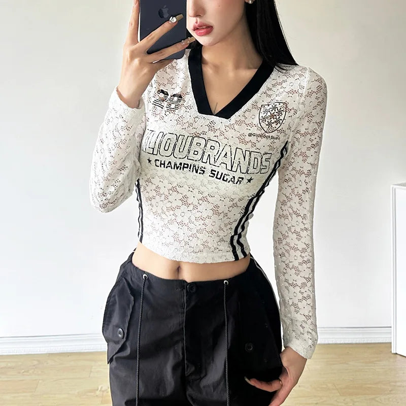 HLJ Y2K Sexy Lace Two Piece Set for Woman Letter Printing See Through Long Sleeve Crop Top + Shorts Suits Female Streetwear New