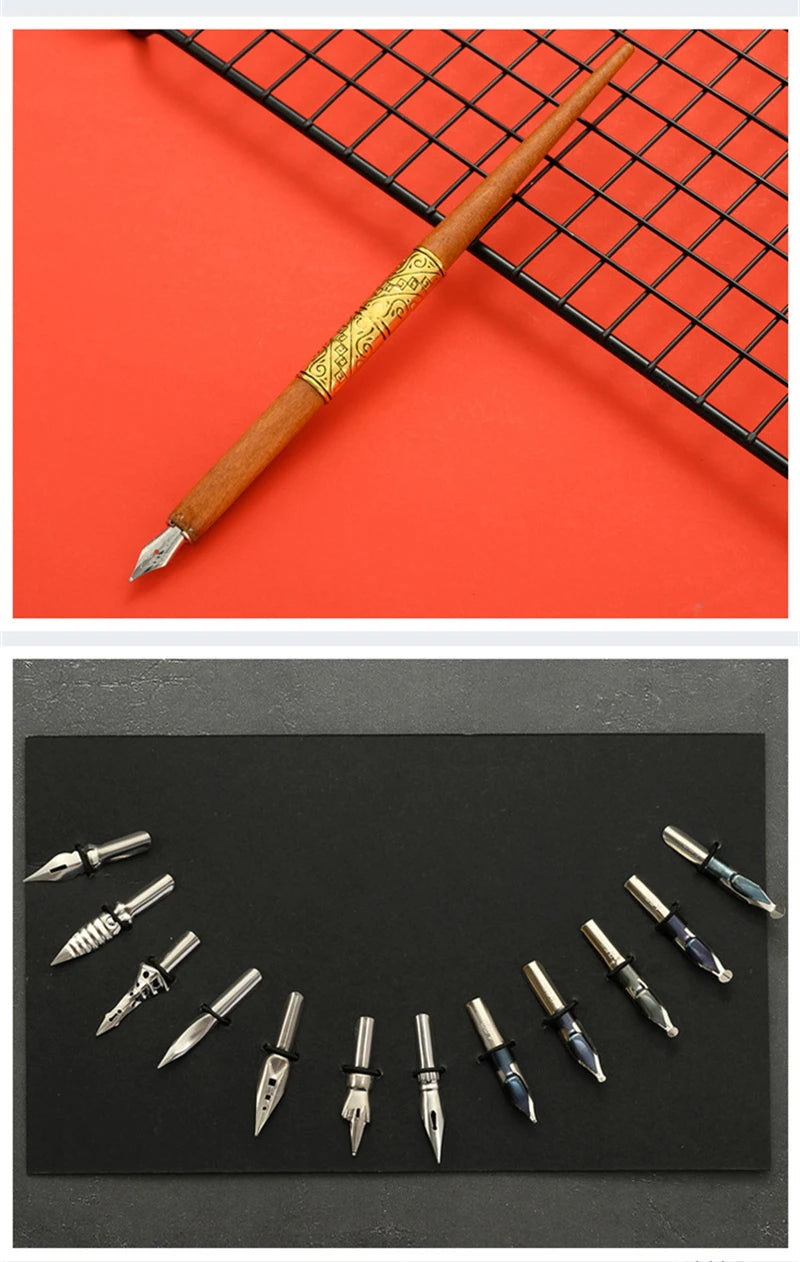 Sprinkling Gold Vintage Feather Pen Set Luxury Fountain Pen Ink Bottle Calligraphy Writing Dip Pen Nib Quill Birthday Gift Box