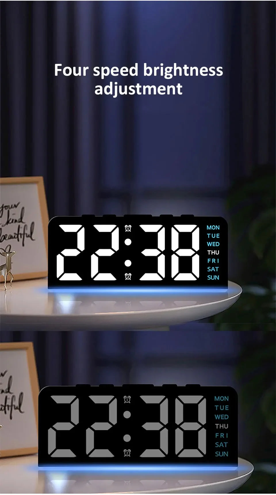 7'' LED Digital Alarm Clock Table Clock Three-Level Adjustable Brightness Dimmer/Dual Alarm/Temp/Date/Night Light for Bedrooms