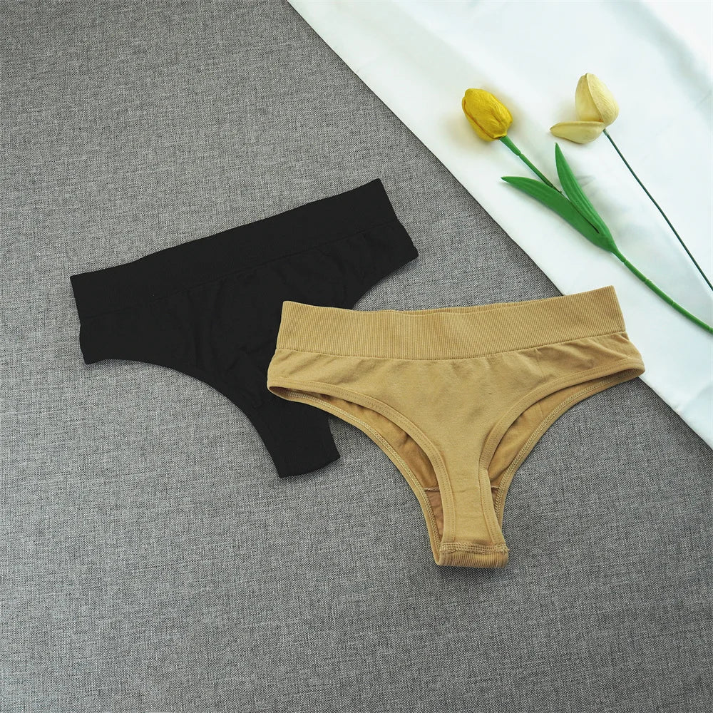 2pcs High Elastic Women T-back Seamless Plus Size Sports Underwear Solid Color Mid Waist Sexy Thong Europe Size S/M/L/XL/XXL