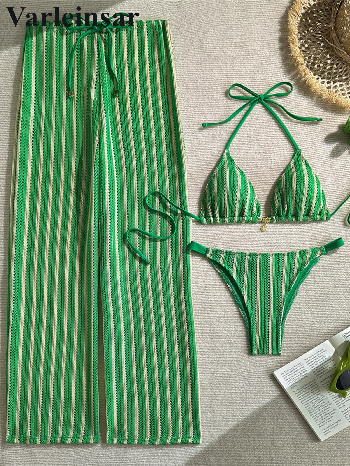 With Pants Striped Halter Bikini Female Swimsuit Women Swimwear Three-Pieces Bikini Set Brazilian Bather Bathing Suit Swim V7838