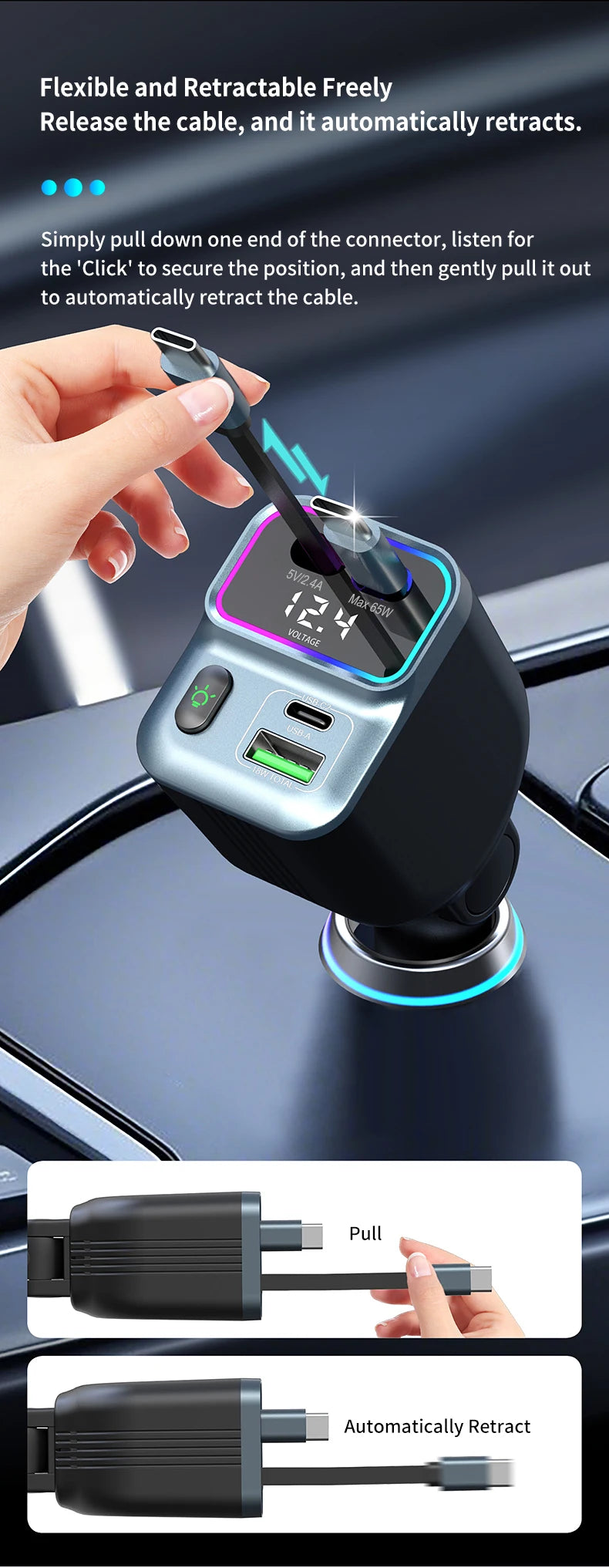 Scalable Car Charger 4in1 Fast Charging Car Charger with 72W Retractable Cable and PD65W USB Port Compatible with Type-C Adapter