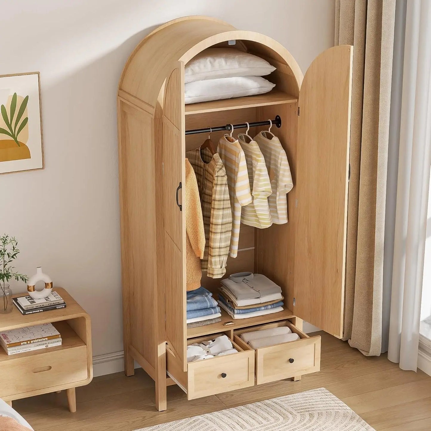 70.87'' Wood Armoire w/2 Arched Fluted Doors, Drawers &amp; Shelves, Hanging Rod for Bedroom (Wood Color)