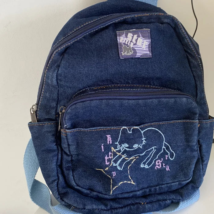 Fashion Small Denim Backpack Kawaii Cat School Bag Mini Cute Schoolbag Deep Blue Backpacks Aesthetic Japanese Preppy Book Bags