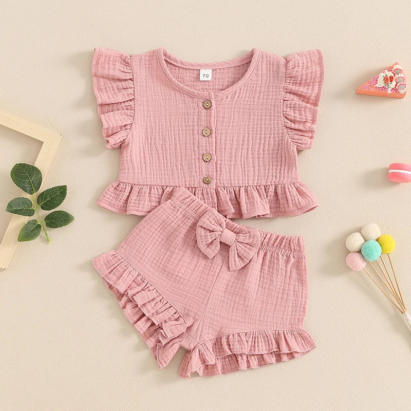 Pudcoco Little Girl 2 Piece Summer Set, Fly Sleeve Button Down Ruffled Tops Bow Elastic Waist Shorts Baby Toddler Set 6M-4T