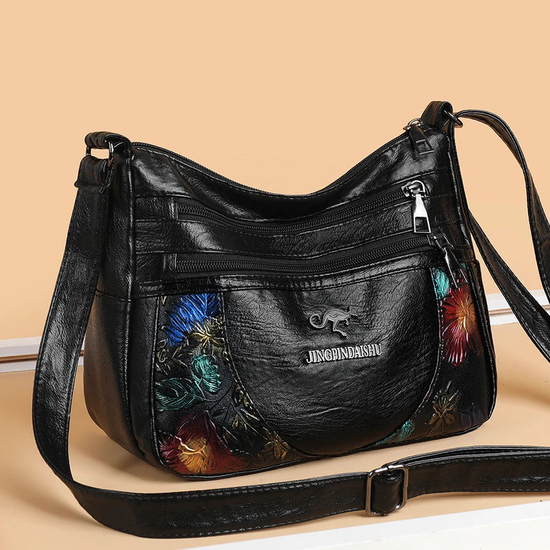 Luxury Soft Leather Women Messenger Shoulder Handbags and Purses Flowers Multi-pocket Crossbody Mommy Bag Ladies Sac 2022 New
