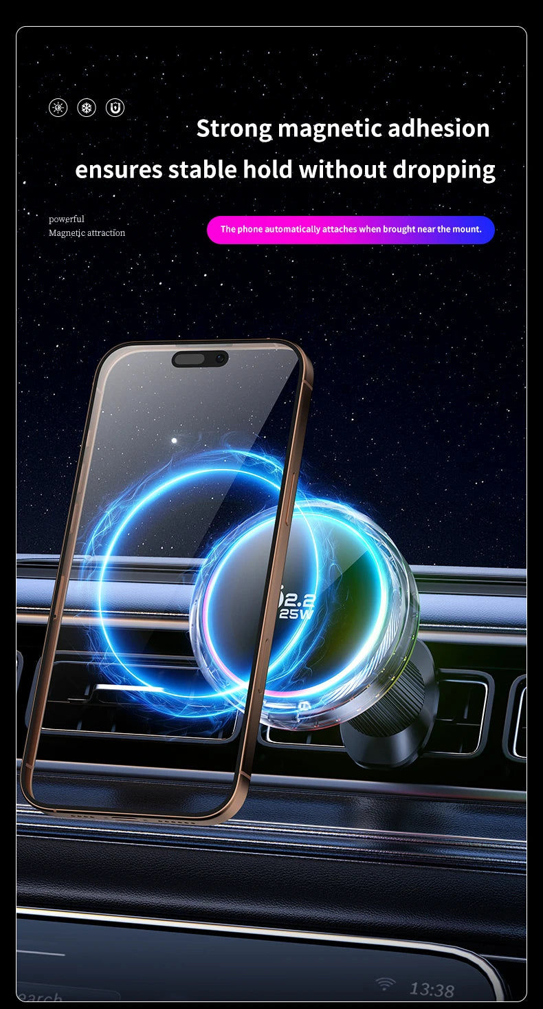 25W Air Cooling qi2.2 Car Magnetic Wireless Charger RGB Light  Phone Holder For Magsafe iPhone 17 16 15 14 13 12 Fast Charging