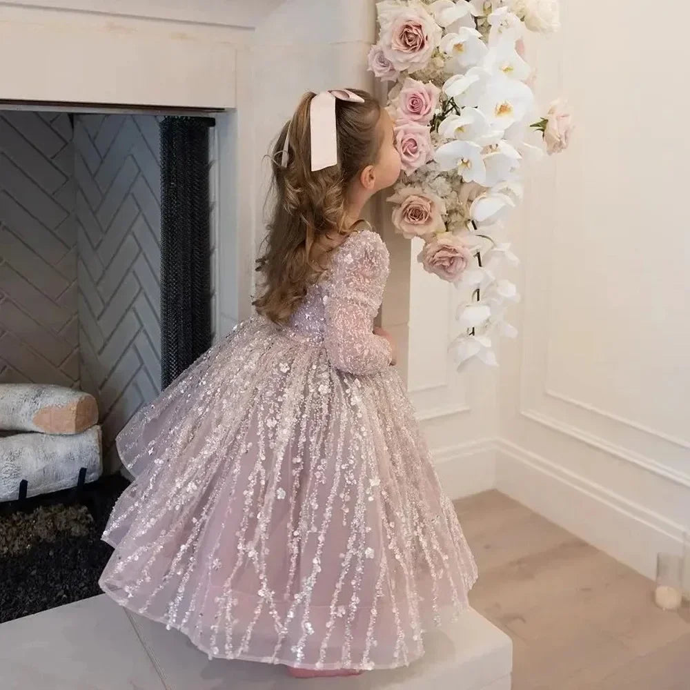 Custom Flower Girl Dress First Christmas Dress Wedding Party Gown Blush Pink Sequin Lace Long Sleeve Kids Evening Dress فسات