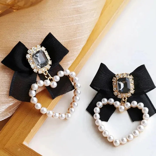 Black Bowknot Square Glass Heart Charm Drop Earrings Gold Color Heart Metal Imitation Pearl Surround Ins Girls Party Jewelry