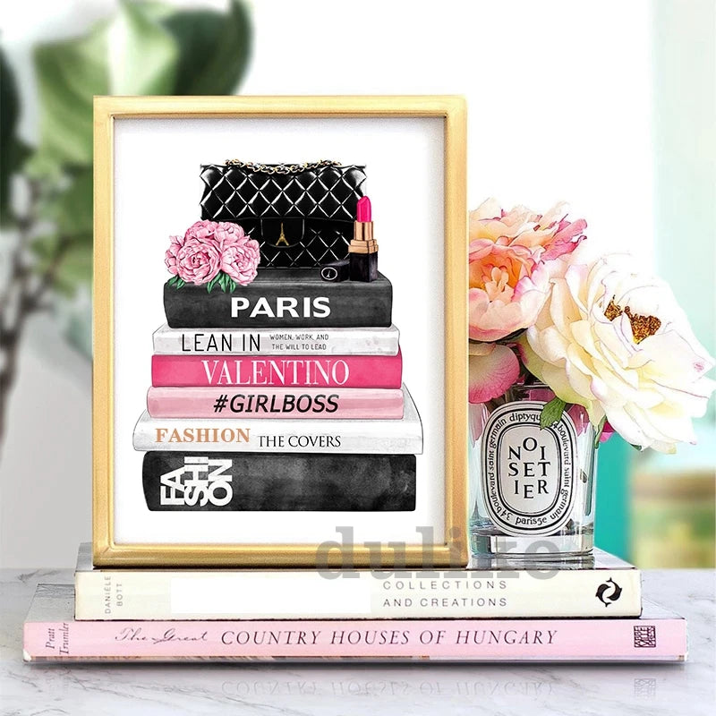 Fashion Magazine Wall Art Prints High Heels and Lipstick Modern Picture Poster Pink Flower Canvas Painting Girls Room Home Decor