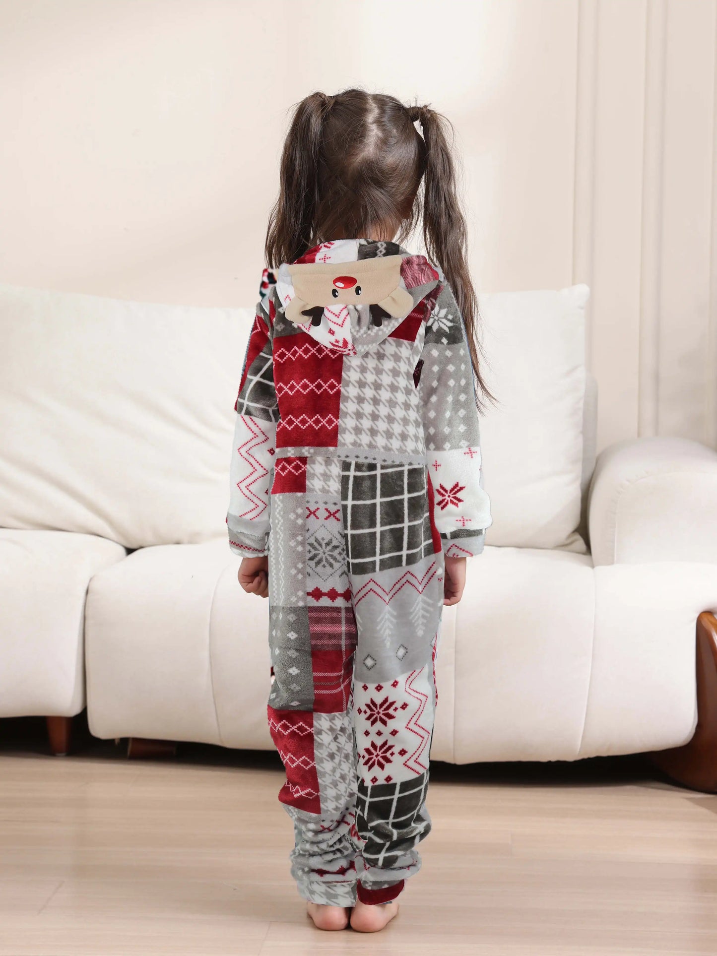 2025 Christmas Velvet Family Matching Clothing Set Zipper Hooded One-piece Jumpsuit Soft Loose Xmas Onesie Warm Thick Sleepwear