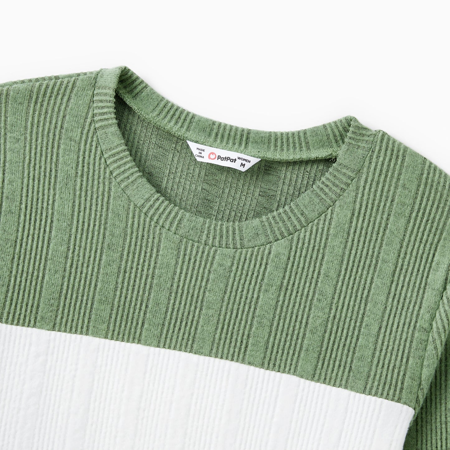 PatPat Family Matching Sets Green Color Block Long Sleeves Ribbed Tops/Dress/Romper