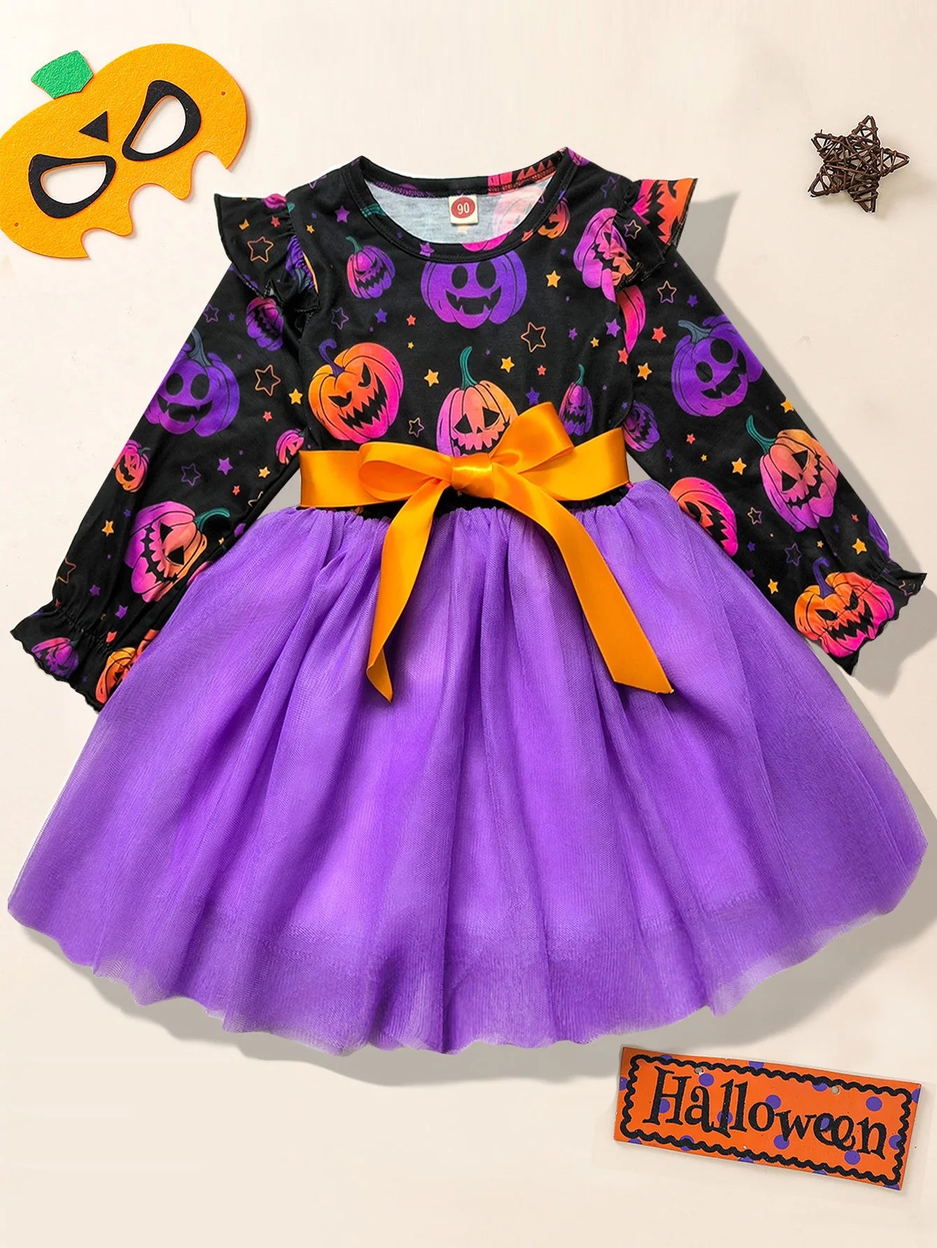 Girl Halloween Dress Pumpkin Ghost Face Pattern Mesh With Ribbon Long Sleeved Girls Party Dresses 2-8 Children Halloween Costume