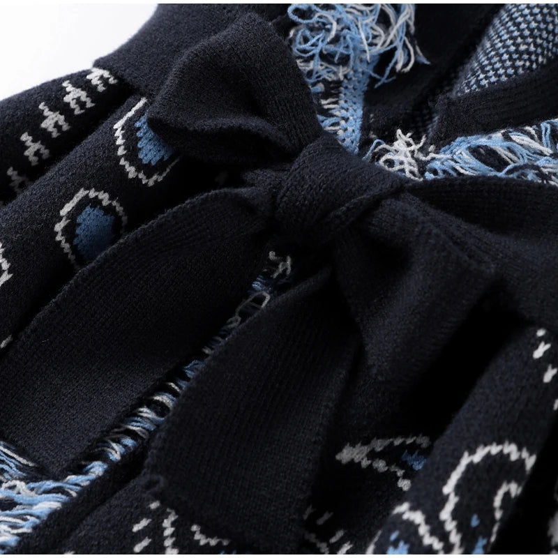 Women's Print Fringe Knitted Vest Coat Fashion Sleeveless Tie Waist Pocket Cardigan Sweater Lady 2025 Autumn Casual Outerwear