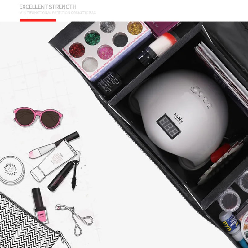 Large Capacity Professional Cosmetic Boxes Portable Zipper Nail Art Kit Organizer Storage Case Women Make Up Handbag Makeup Bags