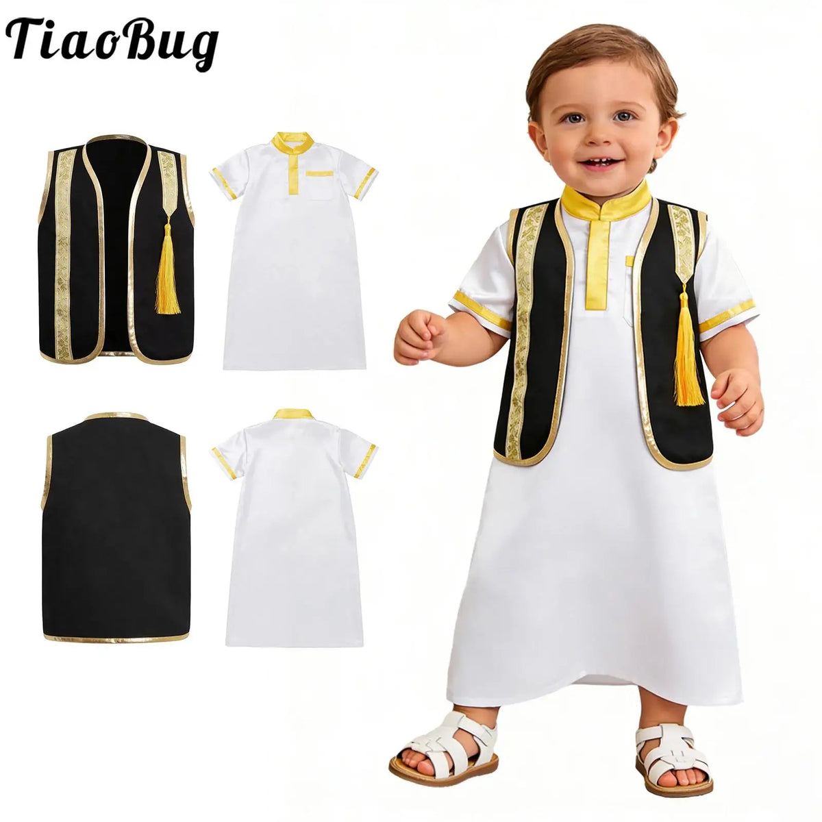 Muslim Baby Boys Robe Ramadan Eid Abaya Set Metallic Trim Arabic Islamic Kaftan Thobe Satin Gown with Open Front Tassel Vest