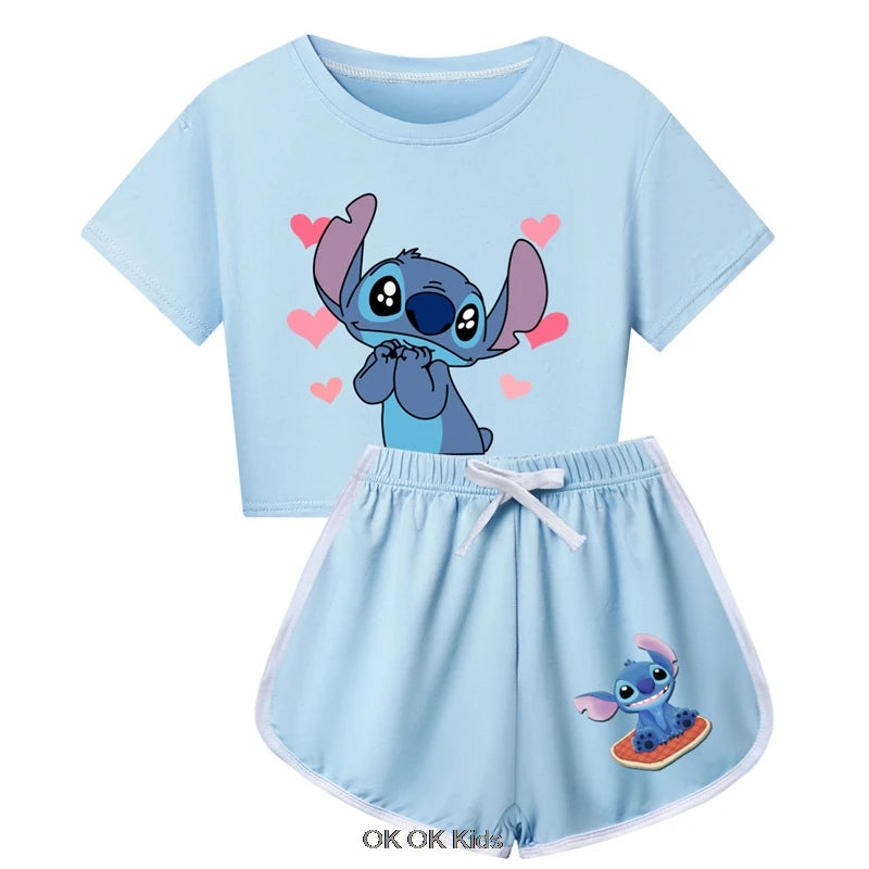 Summer Clothing Set Lilo And Stitch Toddler Boys Summer Pajamas Cotton Short Sleeve T Shirt+Shorts Costume Girls Sportswear Set