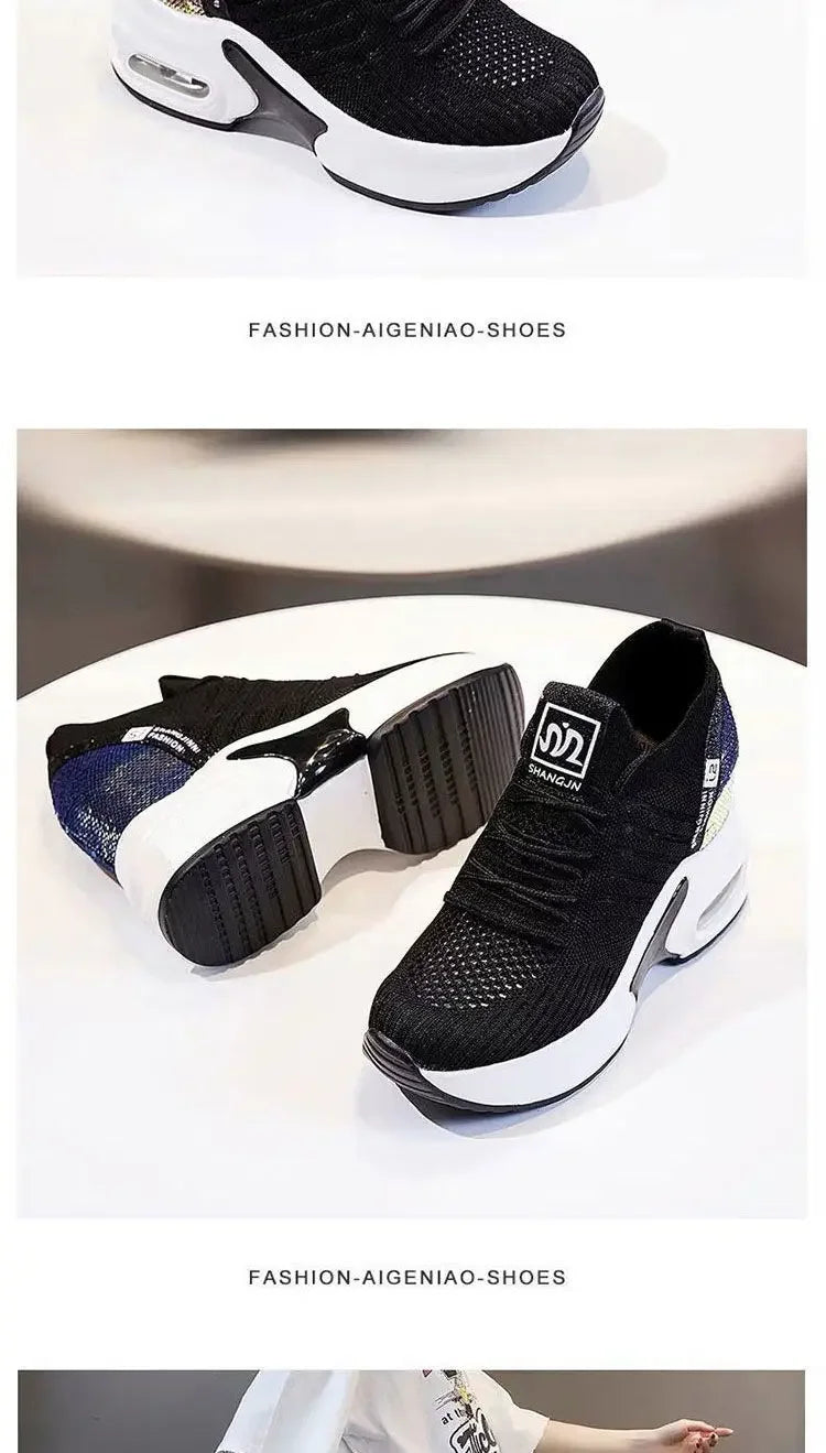 2025 Women's Sneakers Spring Sequined Casual Shoes Woman Platform Heels Wedges Height Increasing Knitted Ladies Vulcanized Shoes