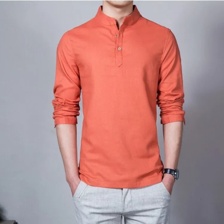 Men’s Solid-color Cotton Linen Shirt Long Sleeve Plus Size Casual