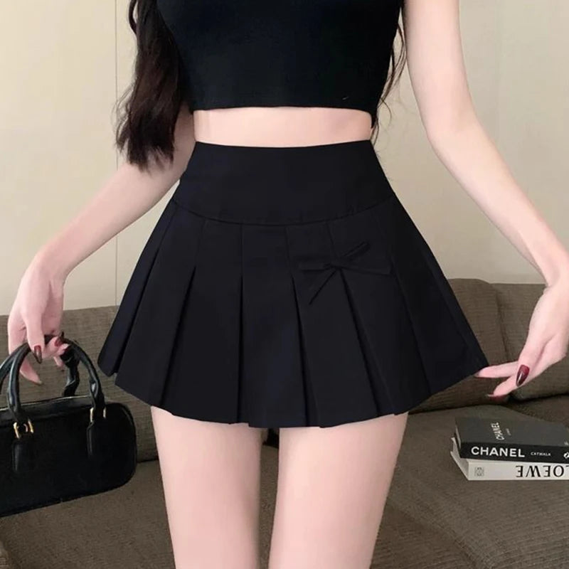 Bow Decor Women's Pleated Mini Skirts Korean Fashion High Waist Short Skirt Woman Streetwear Dance Tennis A Line Skirt Female
