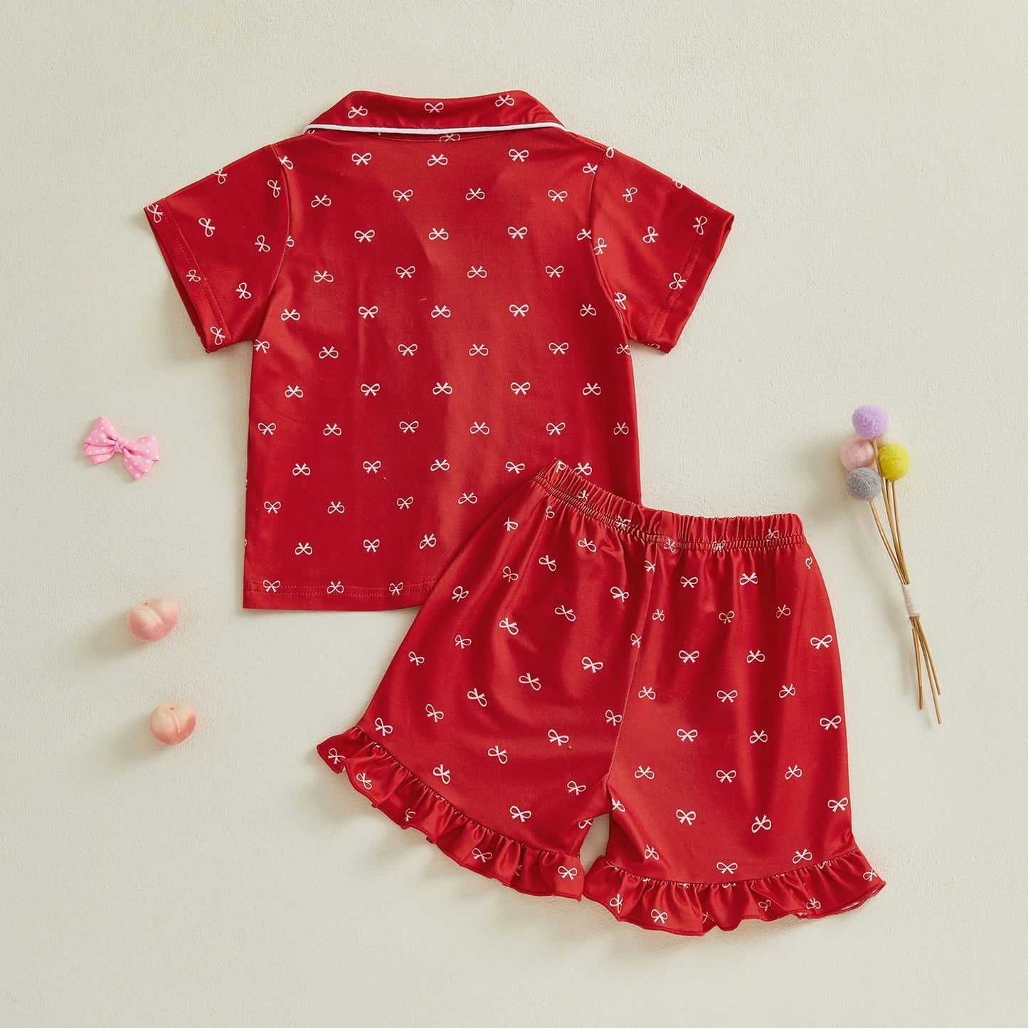 Summer Toddler Girls Loungewear Set Bow Print Short Sleeve Shirts Tops Elastic Waist Shorts Suit Infant Sleepwear Kids Pajamas