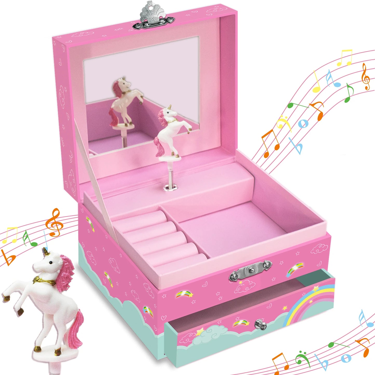 Unicorn Jewelry Box - Jewelry Box with Drawer and Music, Adorned with a Dancing Unicorn Ideal for jewelry storage, as a gift