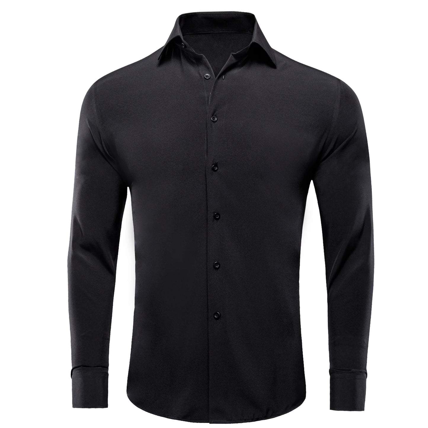 Hi-Tie Pure Black Silk Mens Shirts Plain Smooth Long Sleeve Formal Dress Blouse for Male Wedding Business Events Oversized Gift