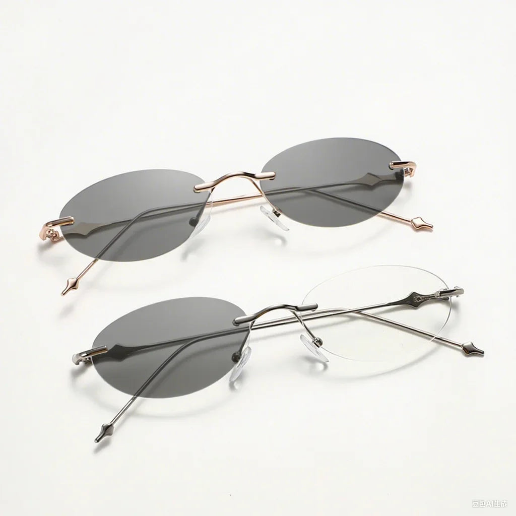 New Photosensitive Color Changing Myopia Glasses Retro Oval Frameless Anti Blue Light Goggles for Men and Women Reading Glasses
