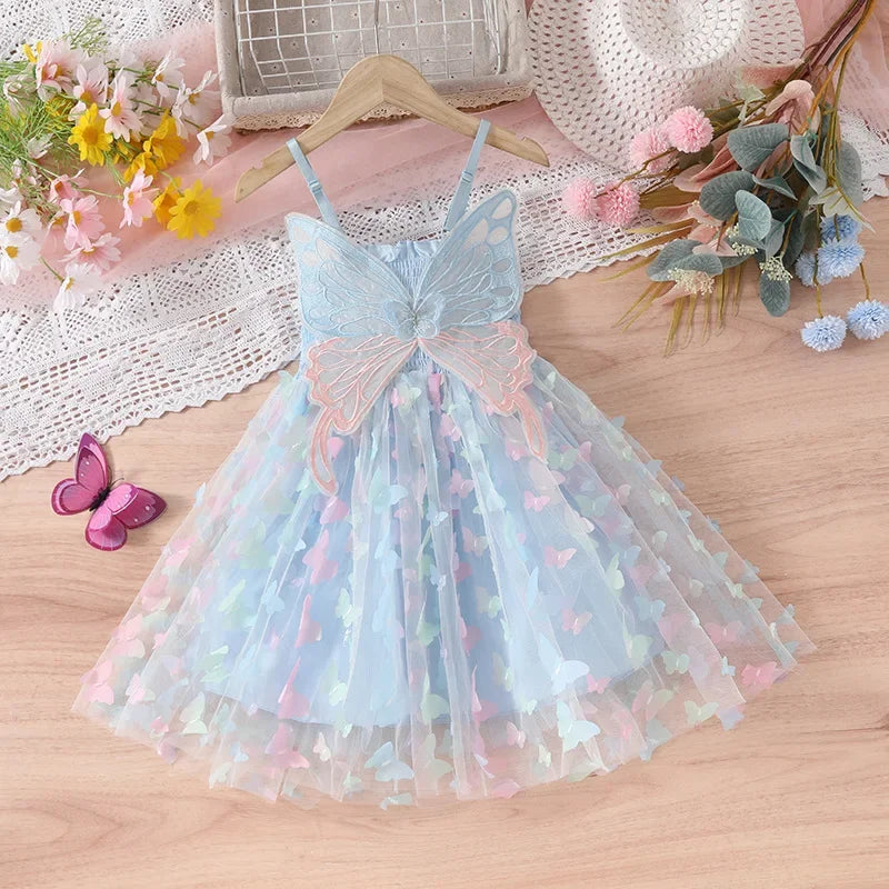 Baby Girls Big Butterfly Wings Gauze Princess Dress Lovely Kids Summer Sleeveless Tulle Sling Dress Children Birthday Party Gown