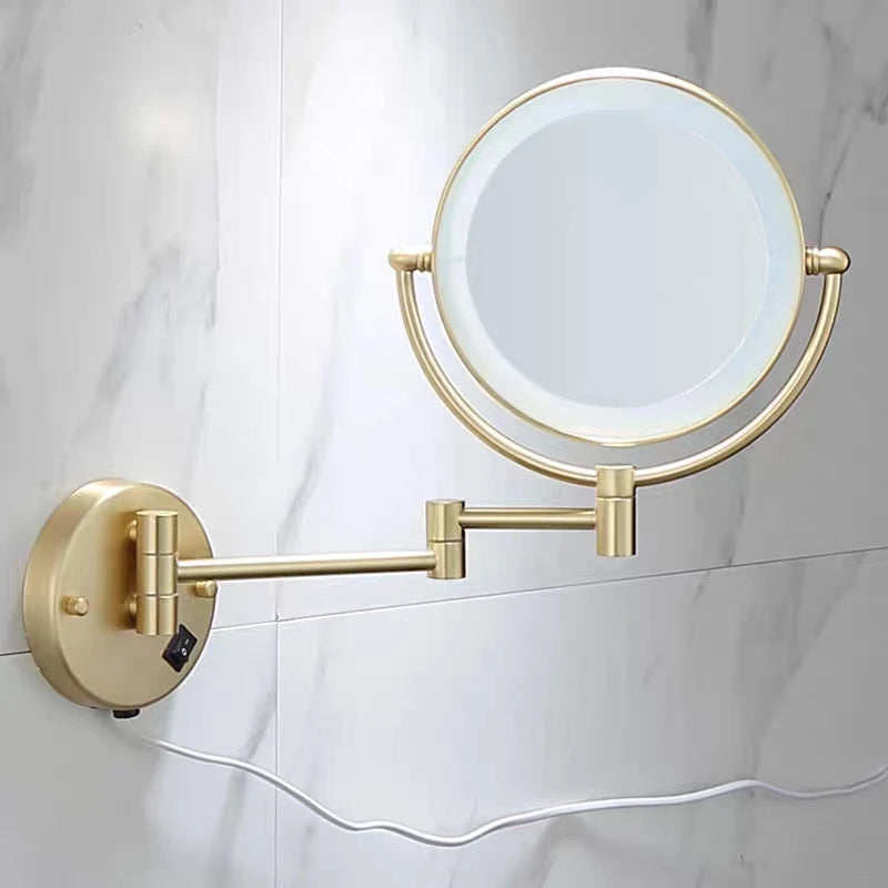 Brushed Gold LED Makeup Mirror with Brass Folding Bathroom Mirrors of 8 Inch 3X 5X Maynifying Makeup Mirror Dual Face LED Mirror