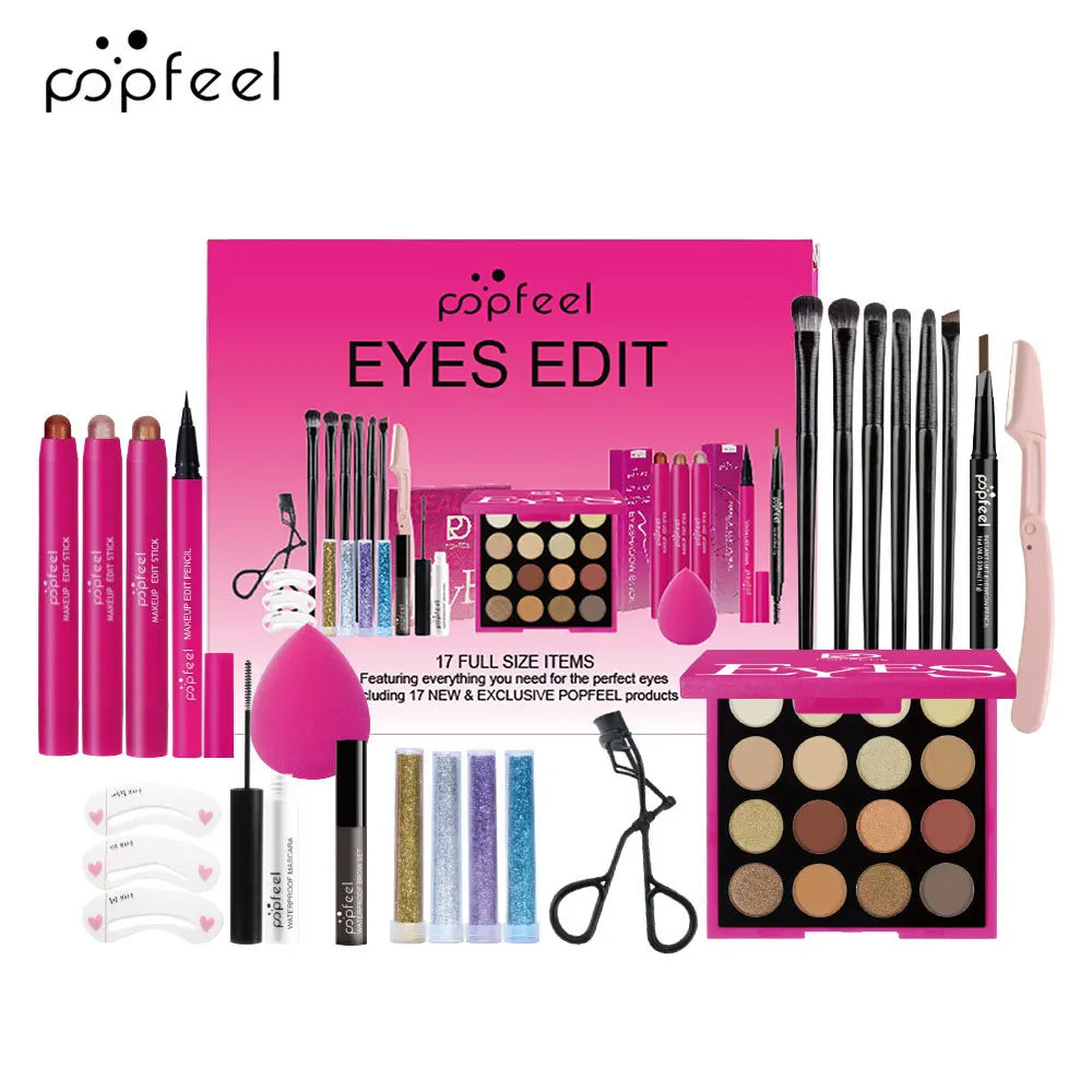 Essential Eye Makeup Set for Beginners Matte&Shimmer Eyeshadow Palette, Mascara, Eyebrow Pencil, Lip Eyeliner,Brush Tool Set Box
