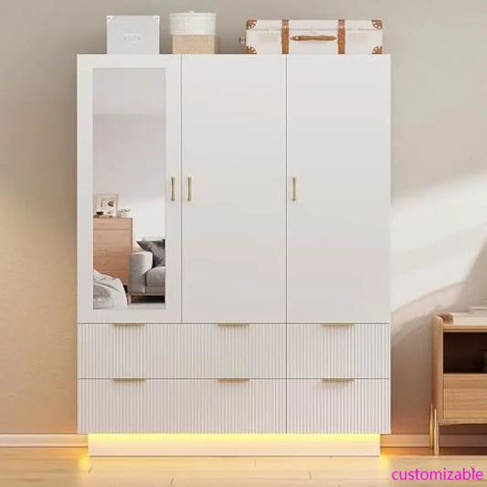 Armoire Wardrobe Closet with 3 Door, Bedroom Armoires with Mirror and LED Lights, Hanging Rod, Drawers