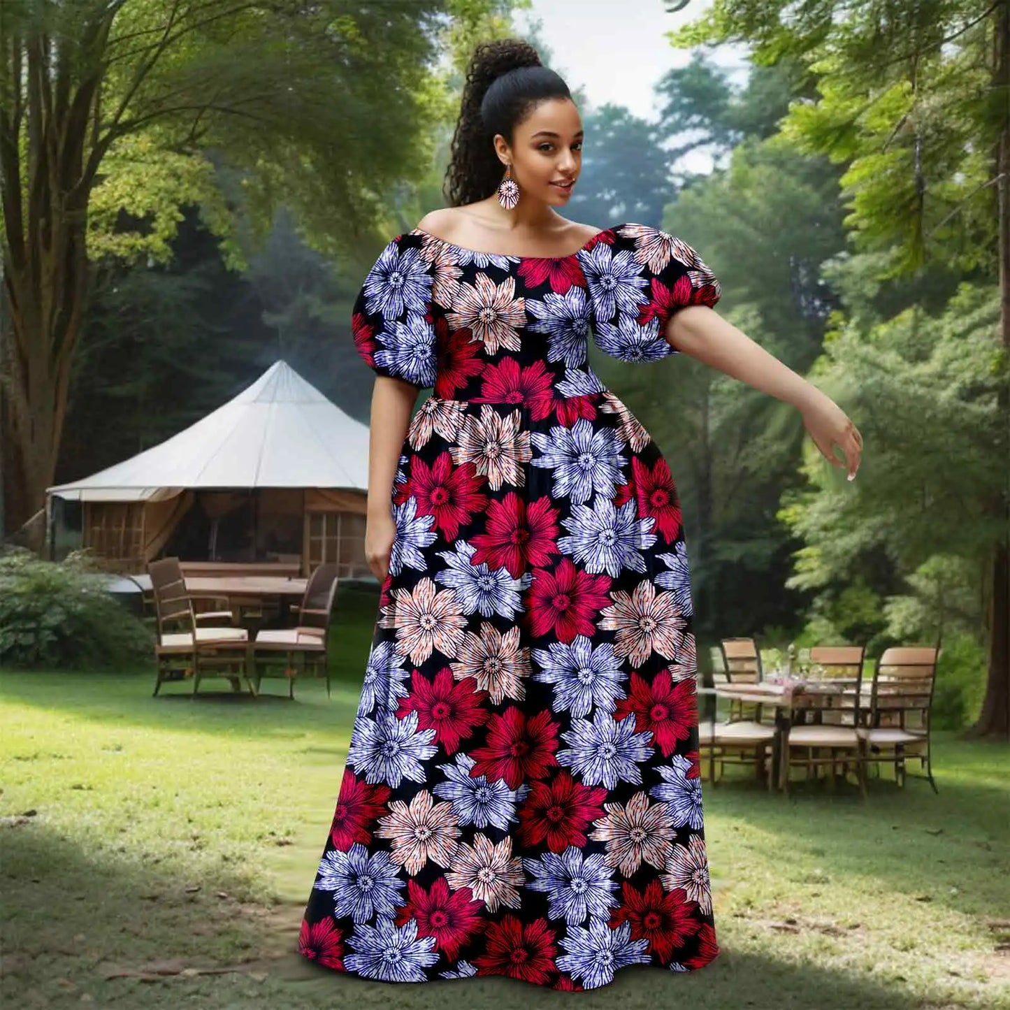 Afripride African Women's Dresses Sexy Strapless Bubble Sleeves With Same Color Earrings Women's Dresses 2525012