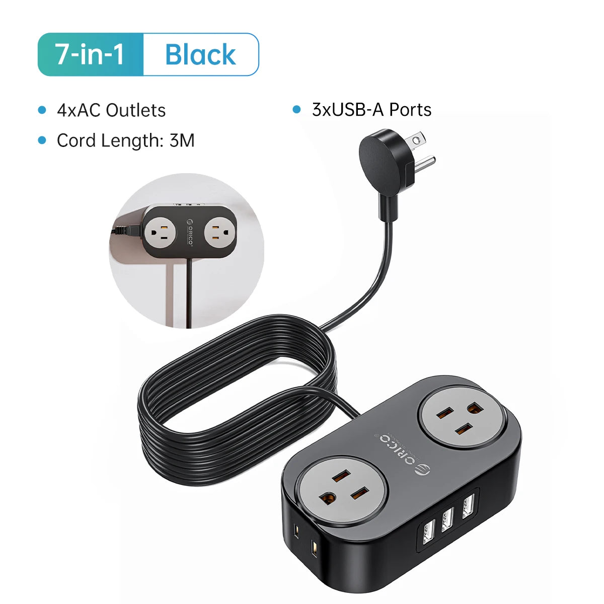 ORICO Travel Power Strip with USB C AC Outlets 3 USB Ports Wrapped Flat Plug Extension Cord with Multiple Outlets for Travel