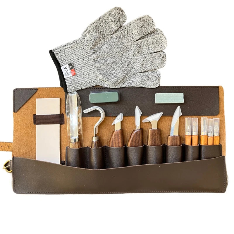 Woodworking Tools Professional Square Handle Woodcarving Vintage Leather Set 12 Pieces Furniture Detail Relief Project Essential