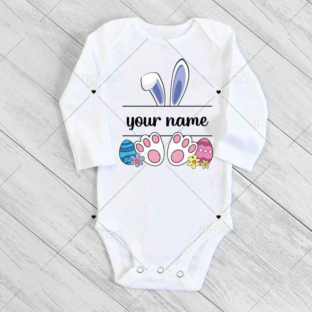 Personalized Easter Romper Easter Bunny Romper Custom Name Baby Girls Cute Outfit Newborn First Easter Party Clothes