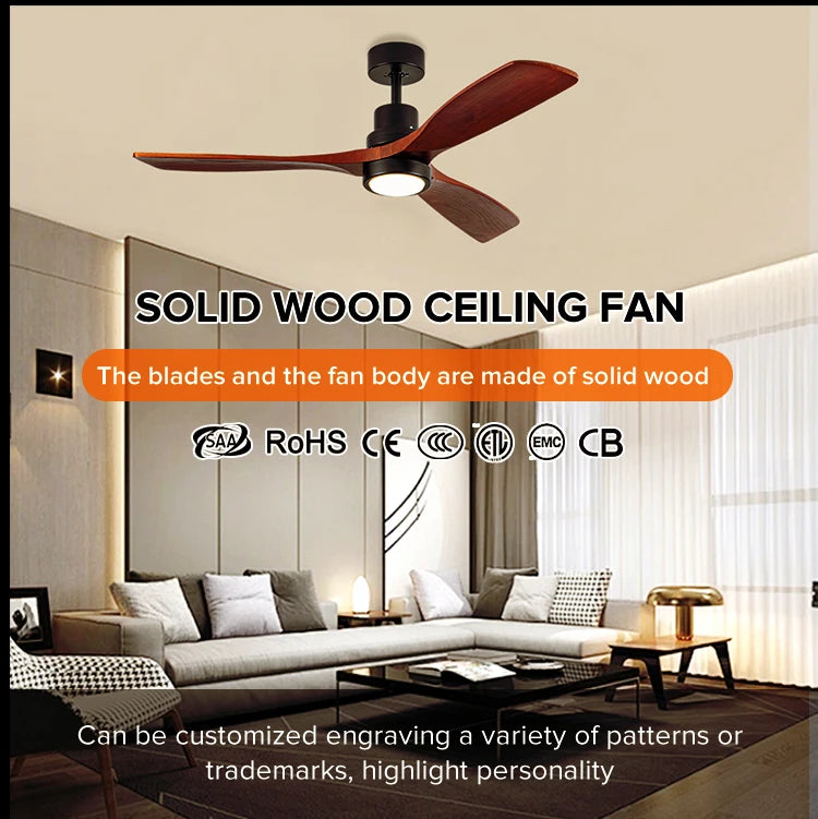 42/52-Inch LED Ceiling Fan Light Simple Wooden Blade Design for Home and Commercial Decor Remote Control for Living Room
