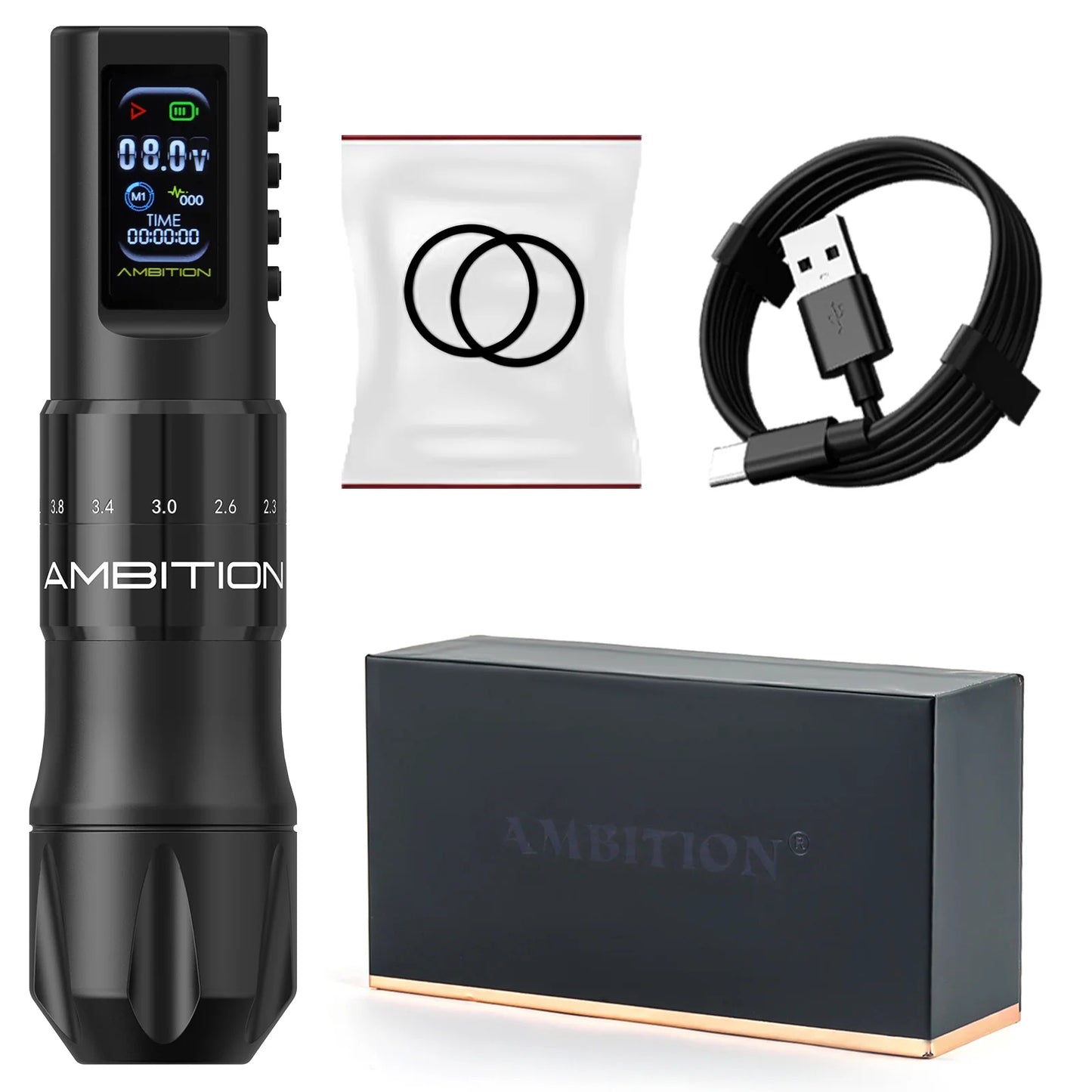 Ambition C2 Kit Wireless Tattoo Machine Pen 7 Adjustable Stroke Coreless Motor 1600mAh Battery Makeup Microplasty Pen For Tattoo