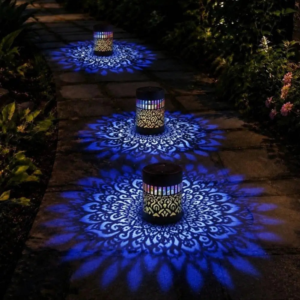 Solar Mandala Projection Waterproof Lantern, Hollow LED Wall Light for Backyard Pathway Courtyard Outdoor Night Decor