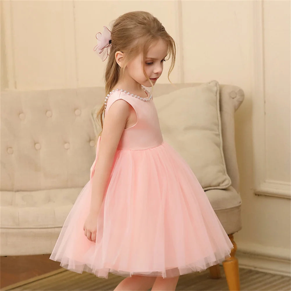 Toddler Girl Flower Birthday Tulle Pearl Dress Backless Bow Wedding Gown Baby Girl Bowknot Dresses Kid Party Wear Princess Dress