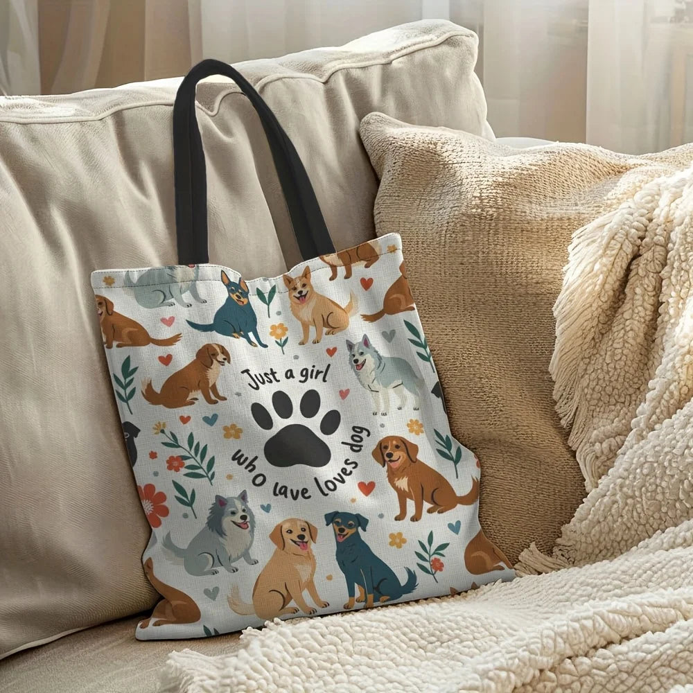 1pc Stylish Dog Mom Tote Bag -"Just A Girl Who Loves Dogs" Print with Cute Dog Illustrations