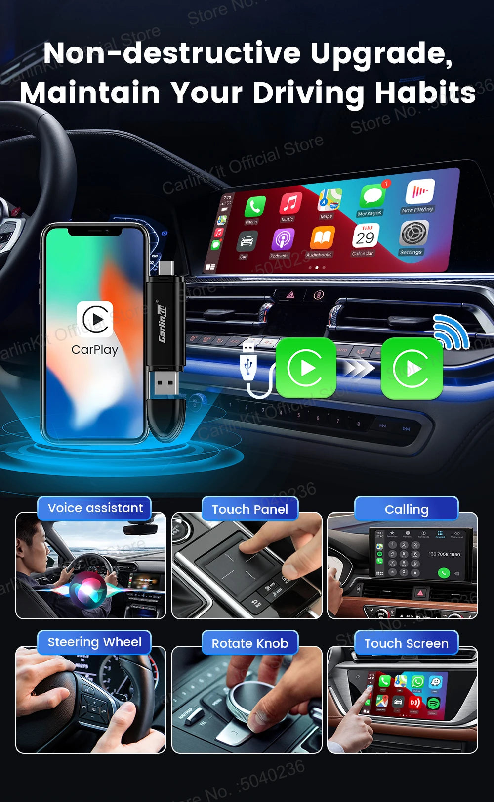 CarlinKit Mini 5 CarPlay Wireless USB Dongle Plug &Play Split Screen Wired To Wireless Adapter For Benz Kia Volvo Mazda MG Ford