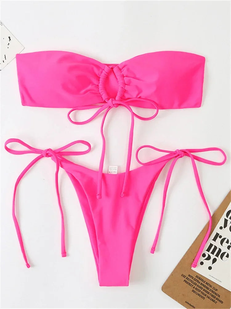 Sexy Bandeau Bikini Swimwear Women Red Black Pleate Lace Up Swimsuit 2026 Cut Out Beach Bathing Suit Tie Side Thong Bikinis Sets