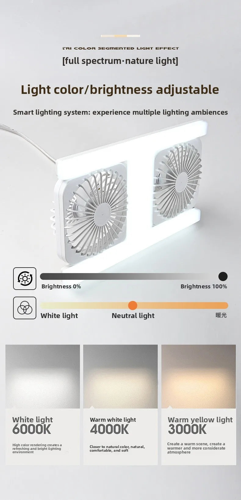 3000K-6000K E27 Ceiling Fan Light with Remote Control Dimming Speed Control Dual Head Fan for Air Circulation Silent Fan Light